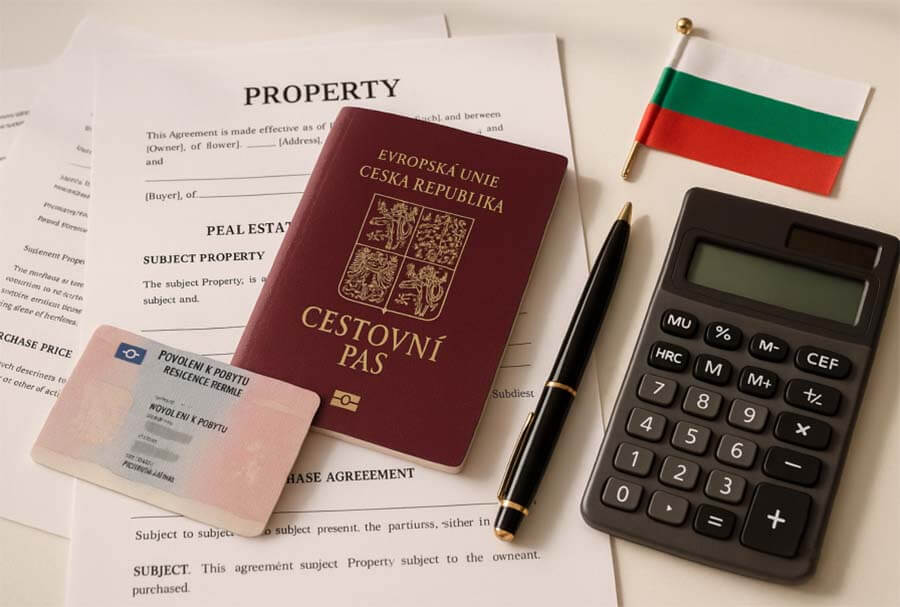Czech passport and ID with Bulgarian property documents, calculator and pen displaying real estate purchase planning materials