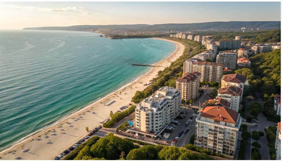Aerial view of Bulgarian Black Sea coastline with modern residential buildings, pristine beach and turquoise water