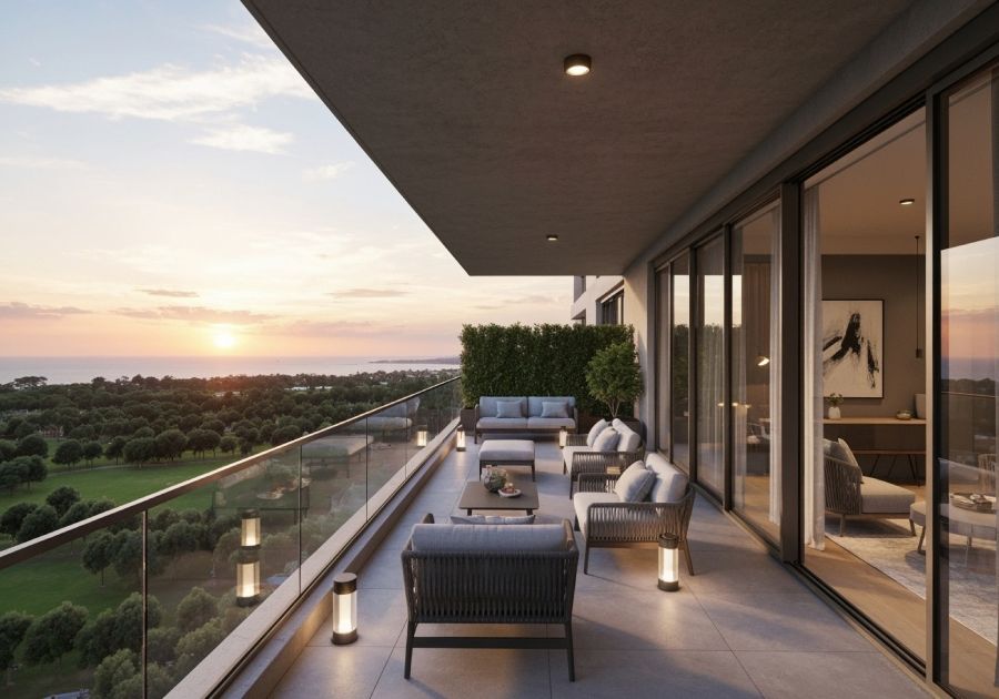 A terrace with a sea view demonstrates the result of commissioning and the readiness of an apartment in Bulgaria.