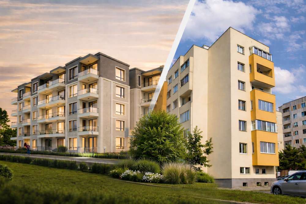 A comparison of modern apartment complexes in Bulgaria illustrating the shift in investor demand between new builds and existing properties against the backdrop of rising prices