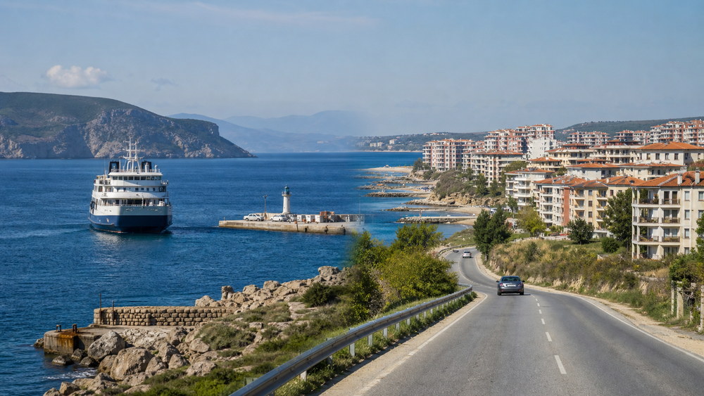Greek island ferry and a coastal road along the Bulgarian Black Sea